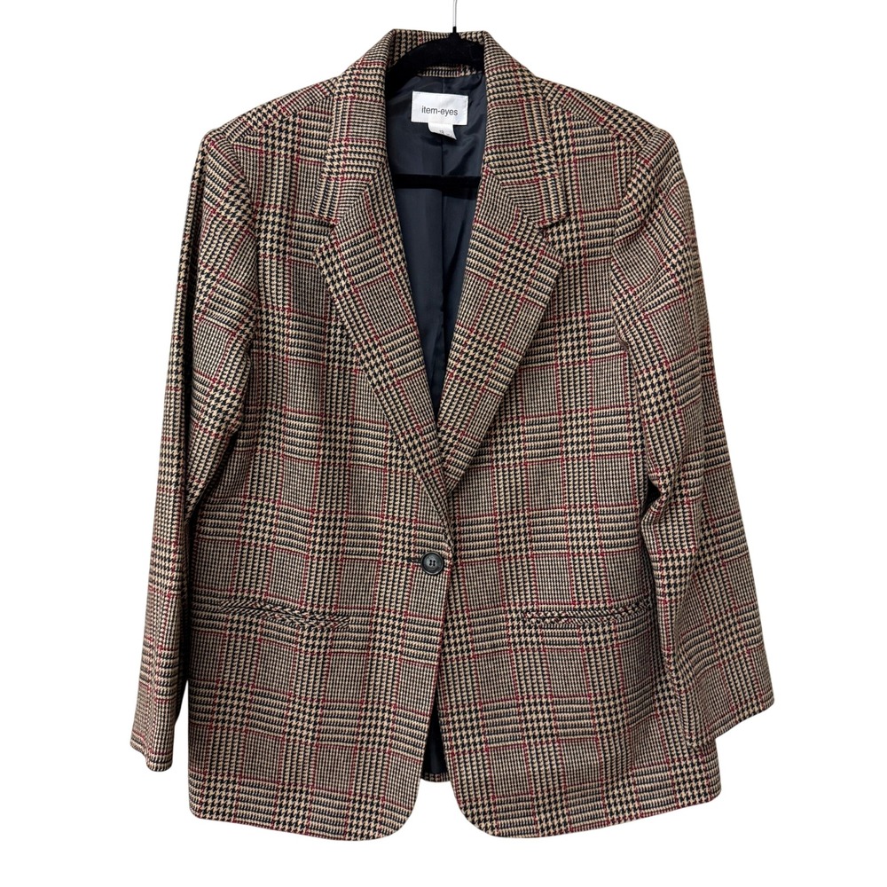 Vintage item-eyes Womens Brown Glen Plaid Blazer Wool Blend Size 12 90s Academia